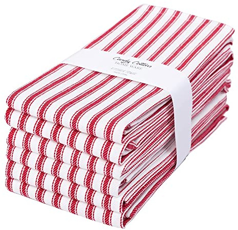 Candy Cottons Stripe Kitchen Dish Towels With Hanging Loop - Boho Absorbent Festive Gift Set of 6 - Reusable 18x28 Inch Pantry Decor - Trendy Spring French Red