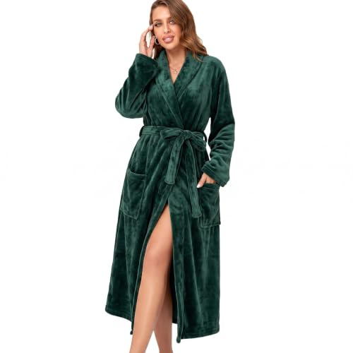 RONGTAI Badrock för kvinnor fleece plysch varm lång morgonrock fleece nattlinne nattkläder, Smaragdgrönt, L