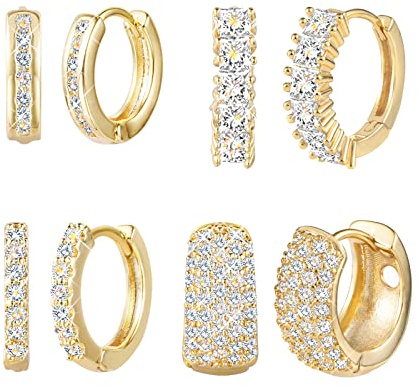 ALEXCRAFT Small Gold Huggie Hoop Earrings for Women Set of 4 Pairs hypoallergenic Gold Diamond Earring Cubic Zirconia Hoops Earing