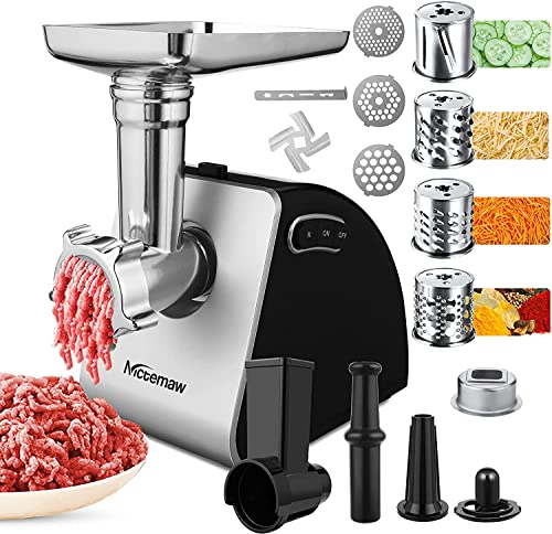 Nictemaw Hachoir à viande électrique 2-en-1, Coupe-légumes multifonctionnelle en acier inoxydable avec des accessoires pour biscuits, 4 lames et 3 plaques de coupe, 2000W