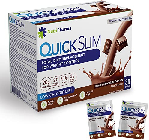 Quick Slim Substitut de Repas Shake pour La Perte de Poids, 30 portions, 20g de Protéines, 27 vitamines et minéraux, Fibres Alimentaires, Faible teneur en glucides, Sans Gluten (Double Chocolat)