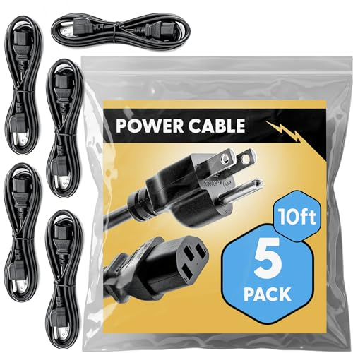 UL Approved 10ft Universal Power Cord (5 Pack) - IEC C13 to NEMA 5-15P Computer Monitor Cable for IT Departments, Data Centers & Bulk Purchasing - 18AWG 10A 125V