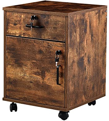 LEMROE Rustic Brown Filing Cabinet with Lock and Wheels, Under Desk Drawers | Small Rolling Printer Stand for A4/Letter-Size Files, Wooden Chest of Drawers on Wheels for Home Office, Assembly Required
