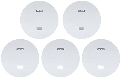 ABUS Flacher Rauchmelder RWM160 - mit 10-Jahres-Batterie - Q-Label und DIN EN 14604 geprüft - Blinken bei Nacht reduziert - Weiß -5er Set