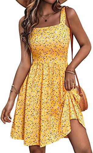 HUHOT Women's Summer Casual Square Neck Dress with Pocket Cute Sleeveless High Waist A-line Sundress Midi Dresses 2026 Yellow XL