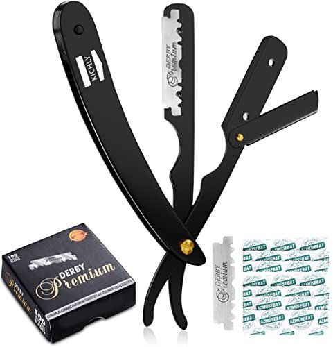 KICHLY Professionelles Rasiermesser für Friseure mit 100er-Packung einschneidiger Klingen – 100% Edelstahl (Schwarz)