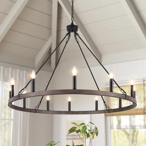 ETONIMERR Wagon Wheel Chandelier 12-Light 38-Inch Vintage Farmhouse Chandelier for Dining Room Round Large Chandeliers for High Ceilings for Foyer Entryway Hallway Living Room