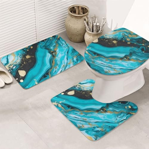 BONDIJ Badezimmerteppich-Sets 3-teilig, türkis, blau, gold, marmordruck, Badematten-Set mit rutschfesten Teppichen, WC-Deckelbezug und Badezimmermatte, Flanellteppiche für Badezimmer-Dekor