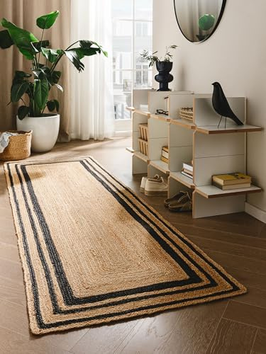 benuta Pure Jute Teppich Jutta - Schwarz 70x200 cm - Handgewebter Wohnzimmerteppich - Natürliches Boho Design - Für Fußbodenheizung geeignet