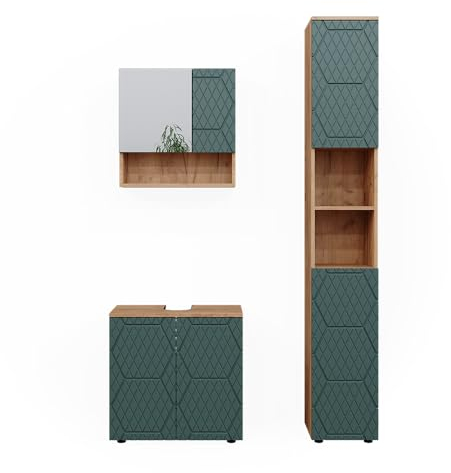 Vicco Badmöbel-Set Grün/Goldkraft Eiche Irma, bestehend aus Bad Spiegelschrank, Waschbeckenunterschrank, Hochschrank - Versteckter Stauraum hinter eleganten Türen