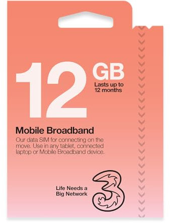 Three Mobile Pay As You Go Mobile Broadband 12 GB data SIM