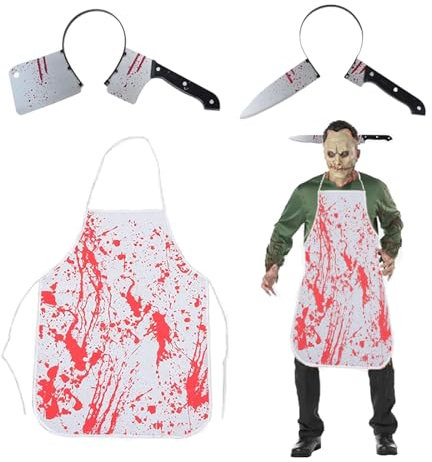 FYZSJWL Grembiule Insanguinato Horror, sanguinoso Grembiule con due elastici per capelli a coltello,Halloween grembiule decorativo,Grembiule Macellaio Zombi,per Halloween cosplay decorare