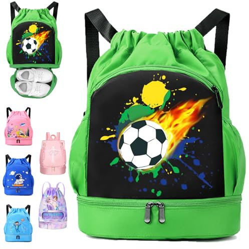 YOUYIKE Schwimmtasche Kinder, Fußball Sportbeutel Junge mit Kordelzug, Wasserdichter Rucksack mit Bodenfach, 30 * 16 * 42 cm Große Kinder-Sporttasche Grün