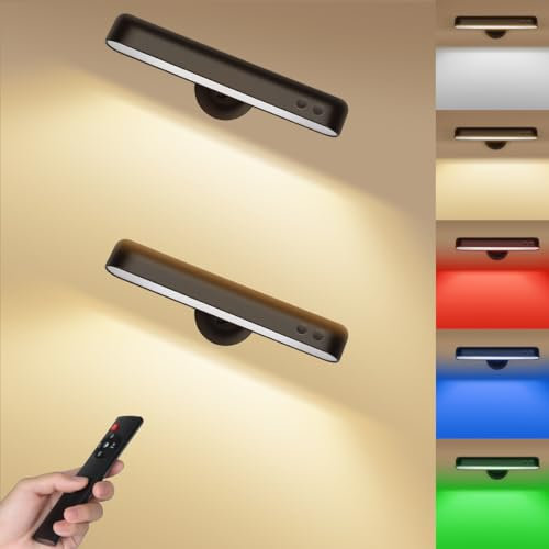 KENNEAS 18 Colors Battery Operated Wall Light, 7500mAh Rechargeable, 360° Rotate, Touch & Remote Control, Dimmable, Timer, 350 Lumen, Black, 2 Pack, Indoor, Modern, Bedrooms, Living Rooms, Hallways