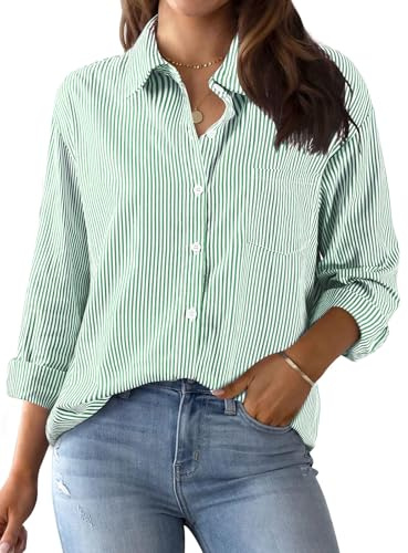 Xnova Camicetta a Righe da Donna con Bottoni, Elegante Magliette a Maniche Lunghe in Cotone, Classica Casual Blusa con Colletto e Tasca Camicia Tops da Ufficio Lavoro (Verde, M)