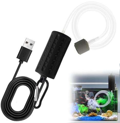 Aquarium Air Pump, Mini USB Fish Tank Air Pump with Air Stone and Silicone Tube, Quiet Portable Oxygen Pump for Small Aquariums, Fish Transport and Emergency Aeration, Single Outlet, 1W