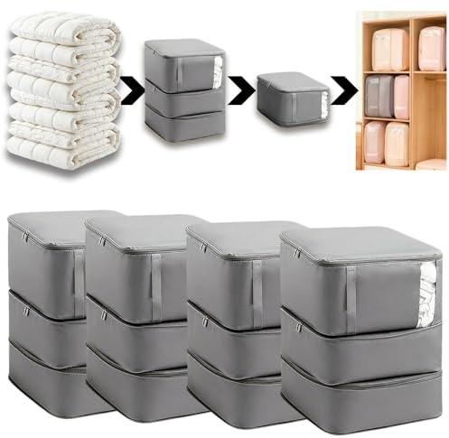 Beiktehy Borsa portaoggetti, 4 pezzi, a compressione, a 3 strati, di grande capacità, colore grigio, con manico rinforzato, per riporre copriletti, coperte (Grigio)
