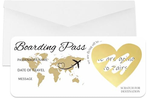 AIKOBAA Surprise Travel Reveal Card Kit - Personalisable Golden Boarding Pass with Scratch-Off Heart Sticker & Kraft Envelope, Holiday Trip Announcement Gift for Family, Spouse, Lover