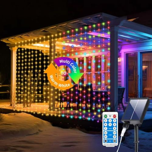 RJEDL 3 en 1 Cortina Luces Navidad 3x3 m, 300 LED Luces Solares para Cortinas, 8 modos, Cortina de Luz Solar con resistencia al agua IP65, con mando a distancia, temporizador y funciones de memoria