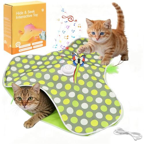 UKONWIT Interactive Cat Toy for Indoor Cats, Automatic Hide and Seek Cat Toy with Motion Activated Butterfly & Moving Tail, 3 Modes, Rechargeable, Smart Touch Sensor, Anti-Boredom Kitten Exercise Toy