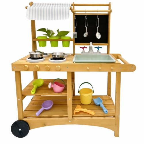 Fonowx Cocina de Juguete para Niños con Capota Fregadero Pizarra y Ganchos Estructura Rodante y Accesorios de Utensilios y Tazas Adecuada para Zona de Juegos