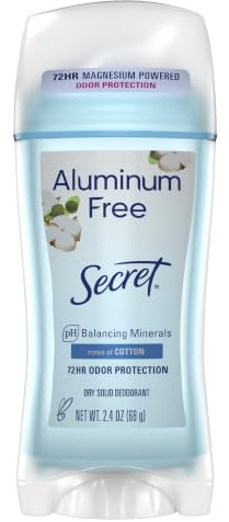 Secret Aluminum Free Deodorant for Women, 48hr Odor Protection, Free of Parabens Dyes Talc & Baking Soda, PH Balancing Minerals, Dry Solid, Cotton Scent, 2.4 oz