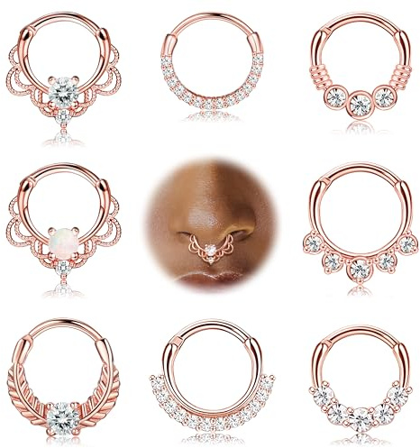Milacolato 8PCS 16G Setto Clicker Piercing Naso Anelli Acciaio Inossidabile CZ Opale Cartilagine Helix Tragus Hoop Daith Anelli al Naso Septum Clicker Anelli Piccolo Piercing Gioielli 10MM Oro Rosa