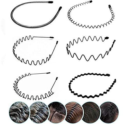 Elastic Wavy Spring Wave Hair Hoop, Multi-Style Black Non-slip Metal,Unisex Sport Fashion Hair Band Accessories for Women and Men(6 Pieces)