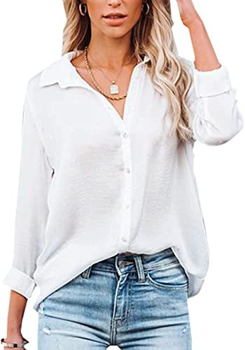 Womens Blouse Casual Long Sleeve Shirt Tops V Neck Button Down Shirts Basic Loose Tunic T Shirts (XL, White)