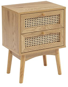 BAÏTA Nachttisch INES Eichenoptik und Rattangeflecht, 2 Schubladen