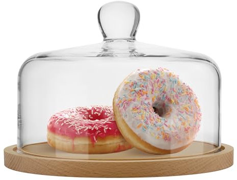 TREND FOR HOME Plateau Aperitif Ø 22 cm H: 16.2 cm Fait à la Main Cloche en Verre avec Socle en Bois Plateau Fromage Cloche Verre Soufflé Plateau de Service Dessert Gâteau | Euphoria