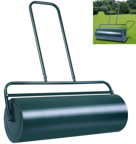 GiantexUK 48L/63L Garden Lawn Roller, Water/Sand Filled Lawn leveller with Scraper Drum & Removable Drain Plug, Heavy Duty Metal Lawn Push Rolling Tool for Grass Seed (48L, 110cm U-Handle, Green)