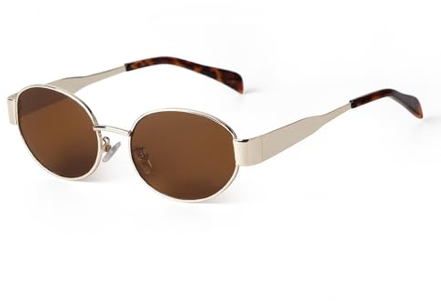 Laurinny Trendy Retro Oval Sonnenbrille für Damen Herren Vintage Ovale Metallrahmen Sonnenbrillen Klassisch Metall Brille(Gold/Braun)