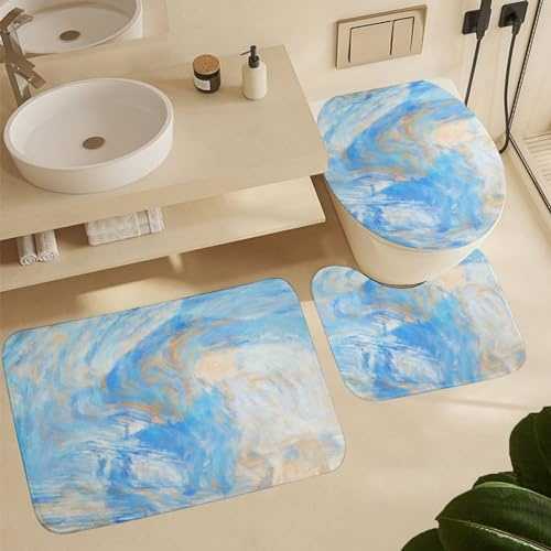 Bathroom Mat Sets 3 Piece Abstract Oil Watercolor Painting Blue Cozy U Shape Wc Toilet Rug Soft Toilet Cushion Durable 3 Piece Bathroom Rug Set