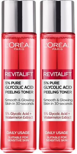L’Oreal Paris 5% Glycolic Acid Peeling Toner, Revitalift Glycolic Toner, for Smooth & Glowing Skin – 180ml (Pack of 2)