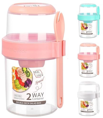 Bicchiere da muesli to Go 310 ml + 560 ml, per yogurt in viaggio con cucchiaio, tazza per cereali, cornflakes, doppio strato, per yogurt, insalata per lavoro, scuola, viaggi (rosa)
