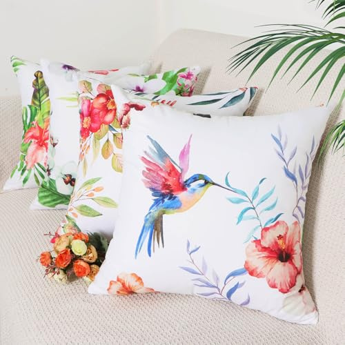 Betadistor Cushion Covers 45 x 45, Birds Flowers Painted Pack of 4 Square Throw Pillowcase with Invisible Zipper for Sofa & Couch, Flowers, 505-0095