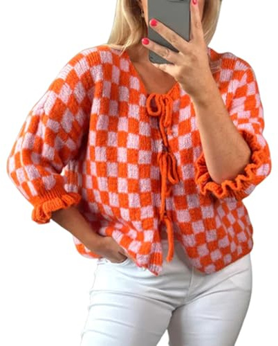 Cardigan à carreaux noué sur le devant et col rond manches mi-longues noué à carreaux en tricot décontracté streetwear, Carreaux - Rouge, L