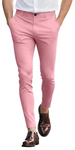 GINGTTO Mens Chinos Trousers Skinny Fit Stretch Slim Flat Front Chino Pants for Men UK Tapered Leg Pink 34 Waist 30 Leg