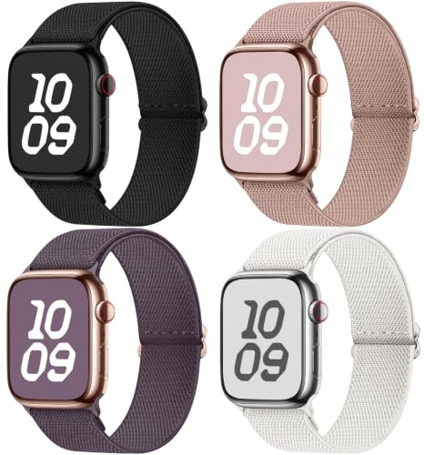 Fullmosa Klockarmband i 4-pack, vattentåliga, i nylon, kompatibla med Apple Watch, hållbara, töjbara, armband för iWatch-modellerna 10, 9, 8, 7, 6, 5, 4, 3, 2, 1, Ultra och SE