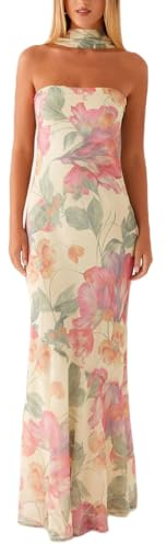 FeMereina Robe longue tube à fleurs pour femme avec écharpe Y2K sans bretelles dos nu en maille longue moulante robe de cocktail formelle robe d'été, couleurs mixtes, M