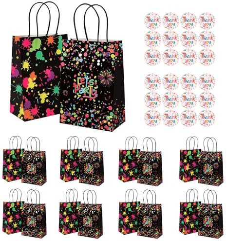 Glow Neon Party Geschenktüten mit Henkel, 16 Stück Geschenktüten Kindergeburtstag 15x8x21 cm, Leuchtende Papiertüten für Kindergeburtstag, Mitgebsel, Party, Fasching