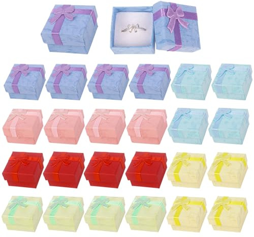Nideen Lot de 24 boîtes cadeaux pour bijoux, 4 × 4 × 2,6 cm, petite boîte cadeau avec couvercle, pour bijoux, bagues, boîte cadeau avec nœud (6 couleurs)
