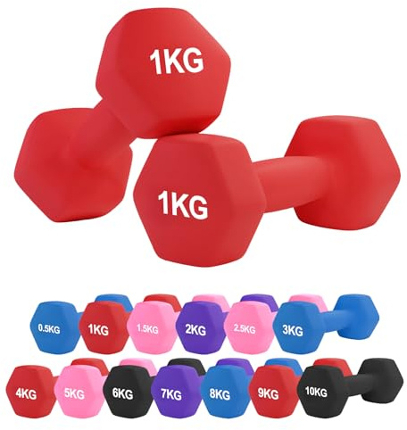 Neoprene Dumbbell – Cast Iron Core Hex Shape Hand Weight with Anti-Slip Grip, Durable Rubber Coating for Strength Training, Home Gym, Fitness & Aerobic Exercise (0.5-10 kg) (1Kg Pair-Red)