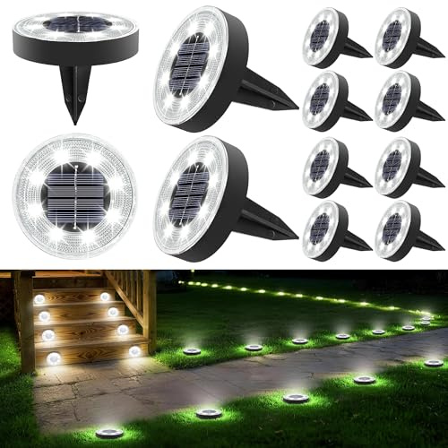 iBaycon Luces Solares para Jardín Exterior,12 Paquetes Blanco Frio | Luces Solares para Suelo,Impermeables 8 Led en Forma de Disco para Iluminación de Caminos Jardines Patios Terrazas y Césped