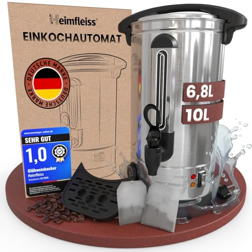 Heimfleiss® Glühweinkocher 10L aus Edelstahl | 1500W Einkochautomat für Glühwein, Punsch, Wasser & Tee | Glühweintopf mit Zapfhahn, Thermostat & Abtropfschale | Heißgetränkespender & Heißwasserspender