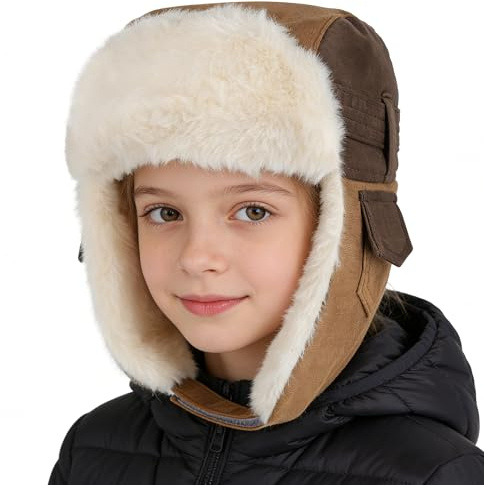 JIAHG Chapka d'hiver Enfant 3-8 Ans Chapeau d'aviateur Suédé Imperméable Doublé de Polaire Bonnet de Trappeur avec Oreillettes Doux Épais Chaud pour Sports en Plein Air
