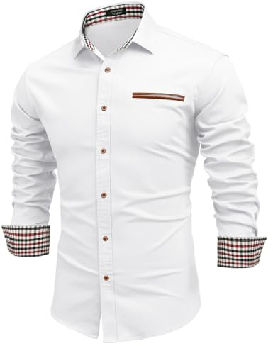 COOFANDY Chemise Homme Manches Longues en Jean Denim Shirt Slim Fit Col Kent Chemise Cowboy Style Business Décontracté Blanc Pur S