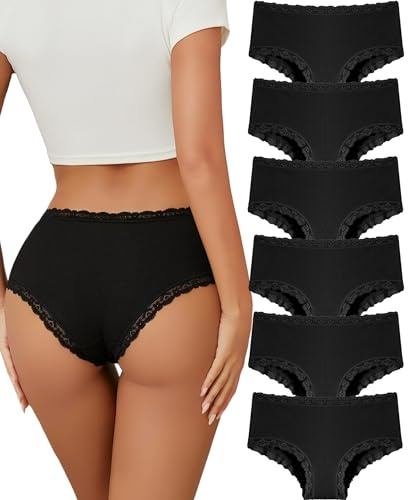 Cotton Underwear Women Black Brazilian Lace Knickers Mid Rise Ribbed 6 Pack | Breathable Cotton Knickers for Women，Stretchy Ribbed Cotton Fabric，100% Cotton Gusset，Soft Lace Trim，Mid-Rise Brazilian Cut
