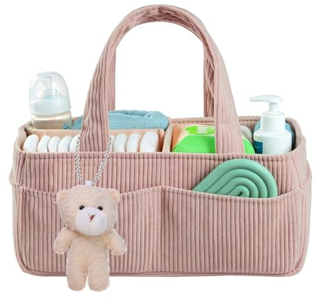 HOVCEH Organizador Pañales, Portátil Organizador Bebe con Osito de peluche, Grande Cesta Organizadora Bebe con Asa, Cesta Cambiador Bebes para Viaje (Rosa)